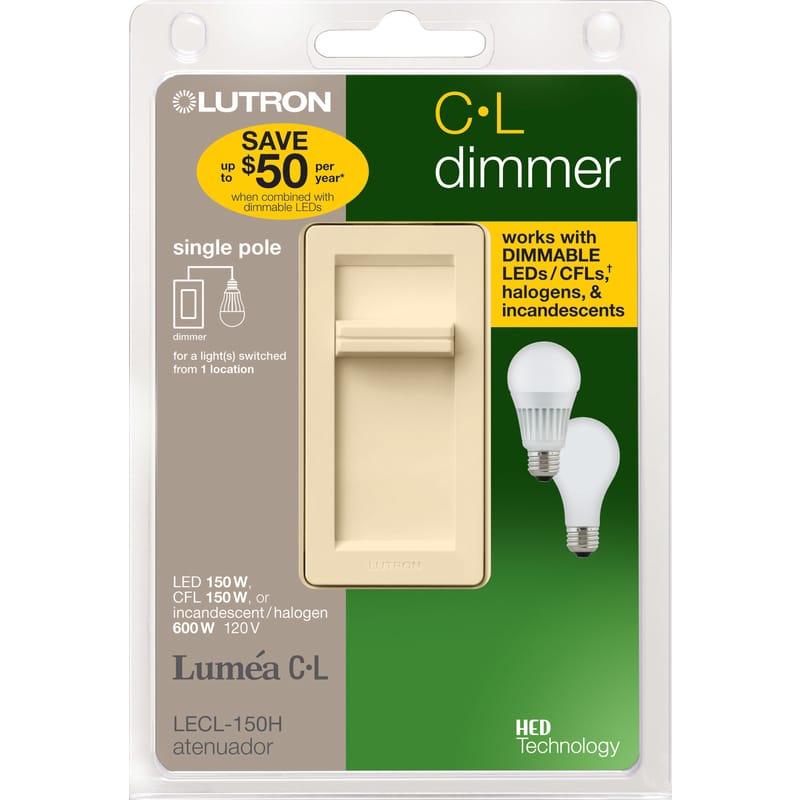 Lutron LECL-150H-LA Lumea Light Almond 150 W Slide Dimmer Switch 1 pk