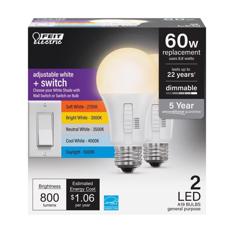 Feit OM60DM/6WYCA/2 A19 E26 (Medium) LED Bulb Adjustable White 60 Watt Equivalence 2 pk