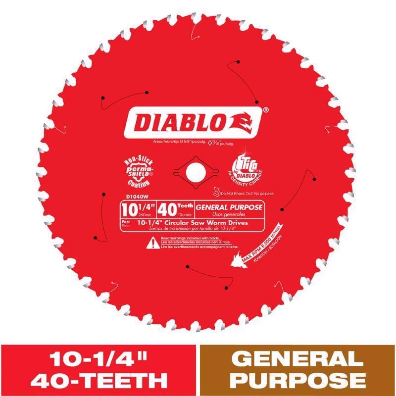Diablo D1040W 10-1/4 in. D X 5/8 in. TiCo Hi-Density Carbide Circular Saw Blade 40 teeth 1 pk
