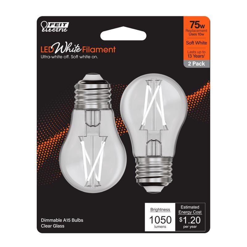 Feit BPA1575927WFIL2 White A15 E26 (Medium) Filament LED Bulb Soft White 75 Watt Equivalence 2 pk