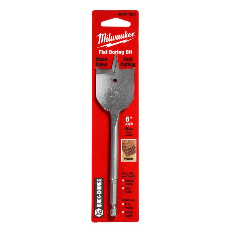 Milwaukee 48-27-1501 1-1/2 in. X 6 in. L Heat-Treated Steel Flat Boring Bit Quick-Change Hex Shank 1 pc