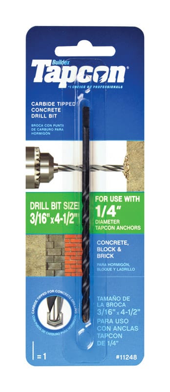 Tapcon 11248 3/16 in. X 4-1/2 in. L Carbide Tipped Concrete Drill Bit Straight Shank 1 pc