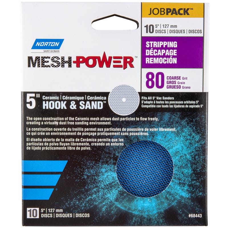Norton 7660768443 MeshPower 5 in. Ceramic Hook and Loop Mesh Sanding Disc 80 Grit 10 pk