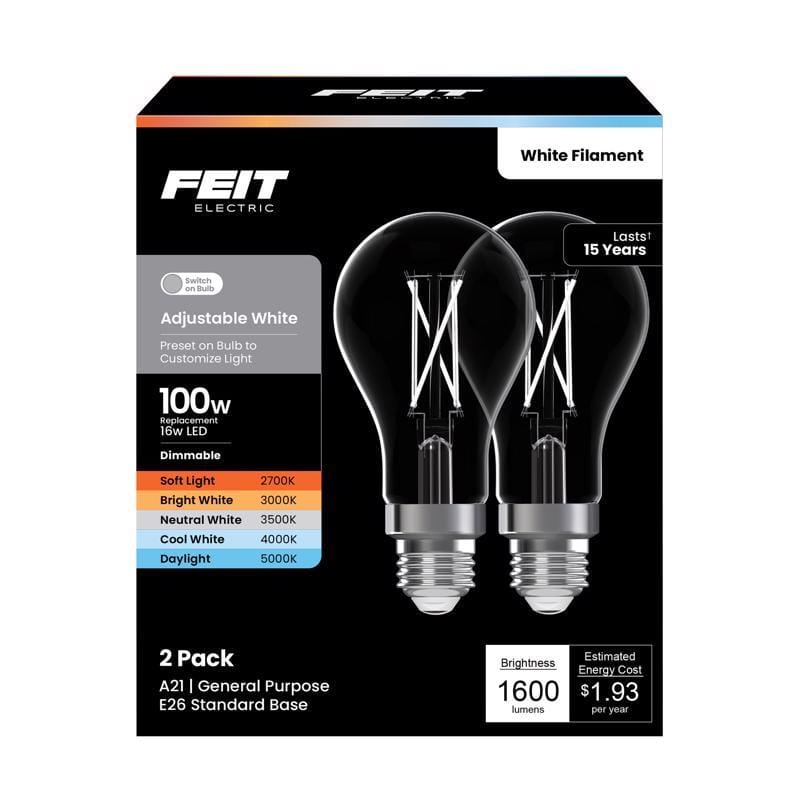 Feit Electric A19100CL5CCTWF2 Feit A21 E26 (Medium) Filament LED Bulb Adjustable White 100 Watt Equivalence 2 pk