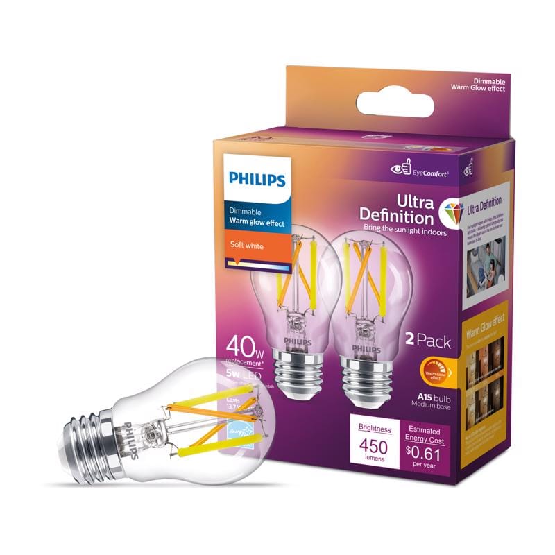 Philips 564385 A15 E26 (Medium) LED Bulb Soft White 40 Watt Equivalence 2 pk