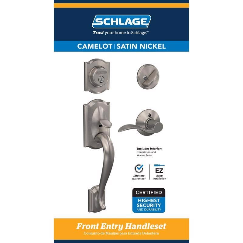 Schlage F60VCAM619ACC Camelot / Accent Satin Nickel Single Cylinder Handleset and Knob