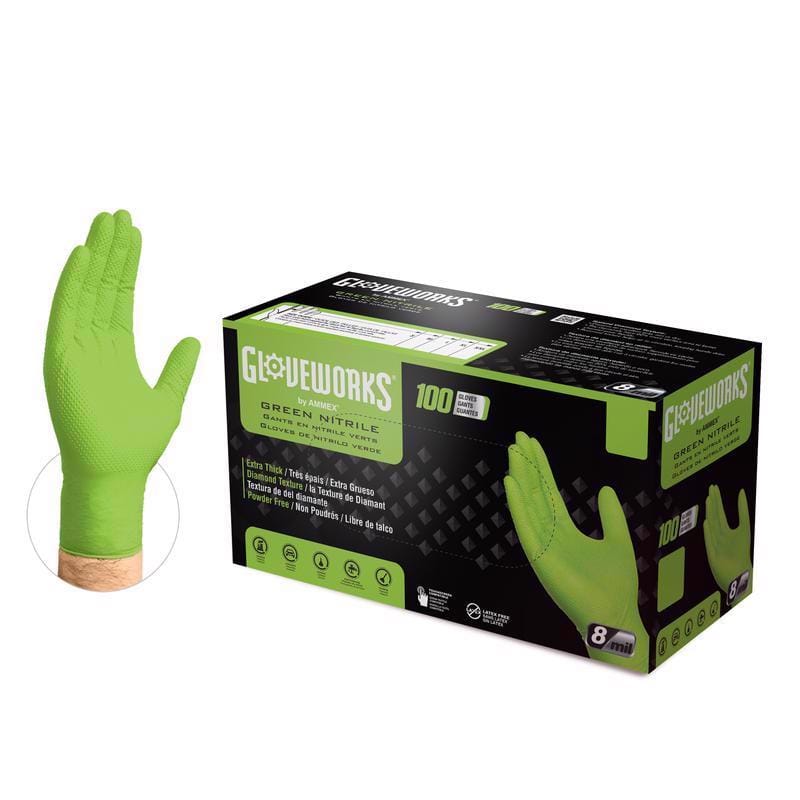 Gloveworks GWGN48100 Nitrile Disposable Gloves X-Large Green Powder Free 100 pk