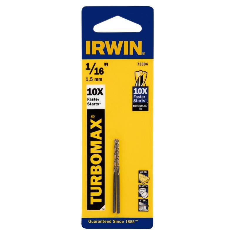 Irwin 73304 Turbomax 1/16 in. X 1-7/8 in. L High Speed Steel Drill Bit Straight Shank 2 pc
