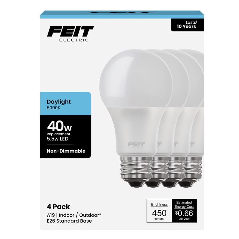 Feit A45085010KLED/4 A19 E26 (Medium) LED Bulb Daylight 40 Watt Equivalence 4 pk