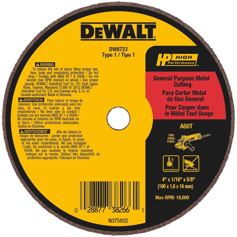 Dewalt DW8723 High Performance 4 in. D X 5/8 in. X 1/16 in. thick Aluminum Oxide Cut-Off Wheel 1 pk