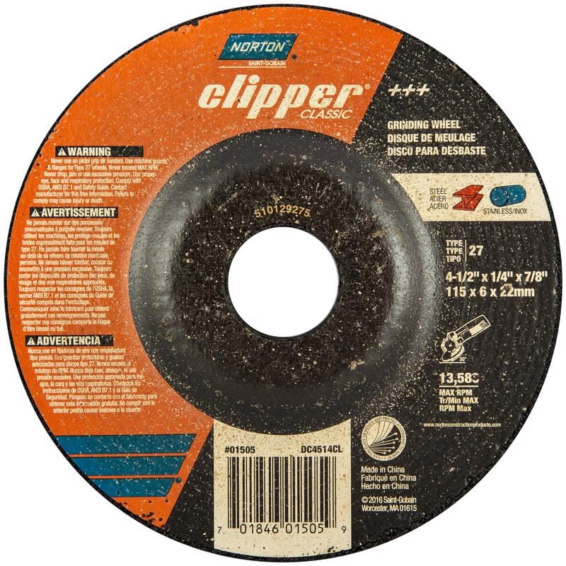 Norton 70184601505 Clipper 4-1/2 in. D X 7/8 in. X 1/4 in. thick Classic Grinding Wheel 1 pk