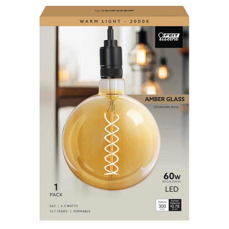 Feit G63/S/820/LED G63 E26 (Medium) Filament LED Bulb Amber White 60 Watt Equivalence 1 pk