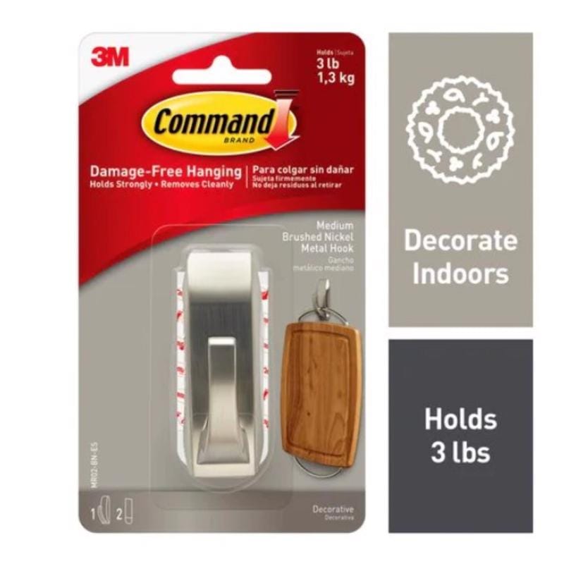 3M MR02-BN-ES Command 3-1/8 in. L Brushed Nickel Metal Medium Hook 3 lb. cap. 1 pk