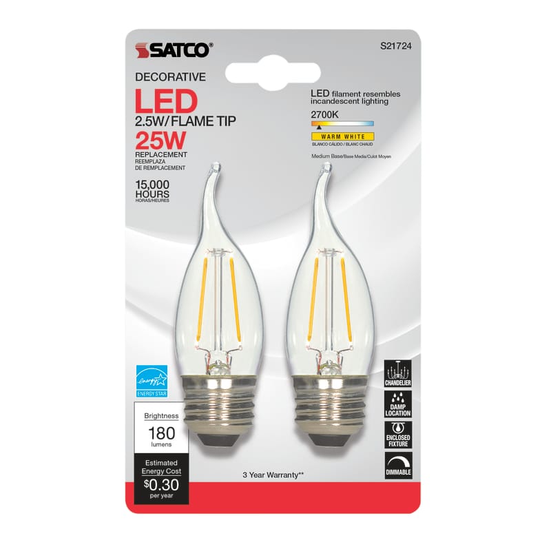 Satco S21848 CA10 (Flame Tip) E26 (Medium) LED Bulb Warm White 25 Watt Equivalence 2 pk
