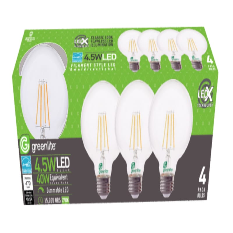 Greenlite 4.5WLEDXGLOBED4 G25 E26 (Medium) Filament LED Bulb Soft White 40 Watt Equivalence 4 pk