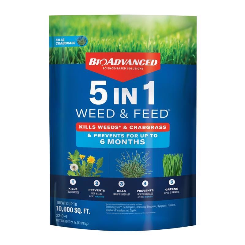 BioAdvanced 704865Z 5-In-1 Granules Weed & Feed Lawn Fertilizer For All Grasses 10000 sq ft