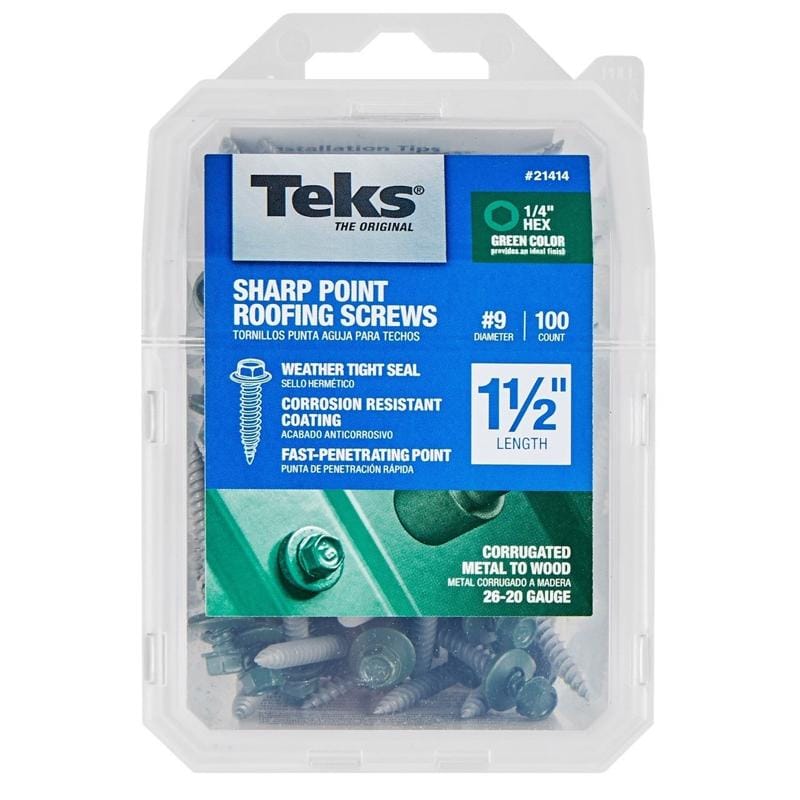 Teks 21414 No. 9 X 1-1/2 in. L Hex Drive Hex Washer Head Self Tapping Roofing Screws