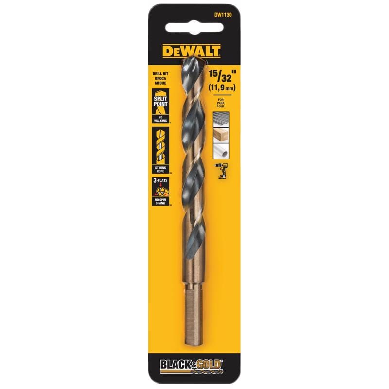 Dewalt DW1130 G Black & Gold 15/32 in. High Speed Steel Split Point Drill Bit 3-Flat Shank 1 pk