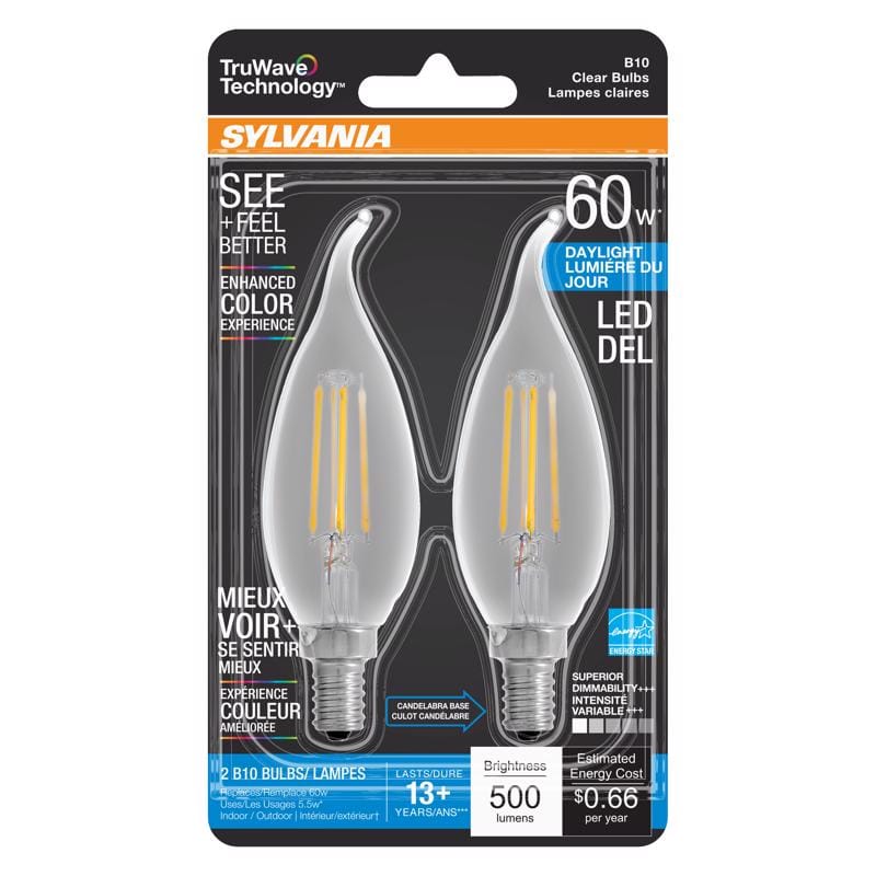Sylvania 40759 TruWave B10 E12 (Candelabra) LED Bulb Daylight 60 Watt Equivalence 2 pk