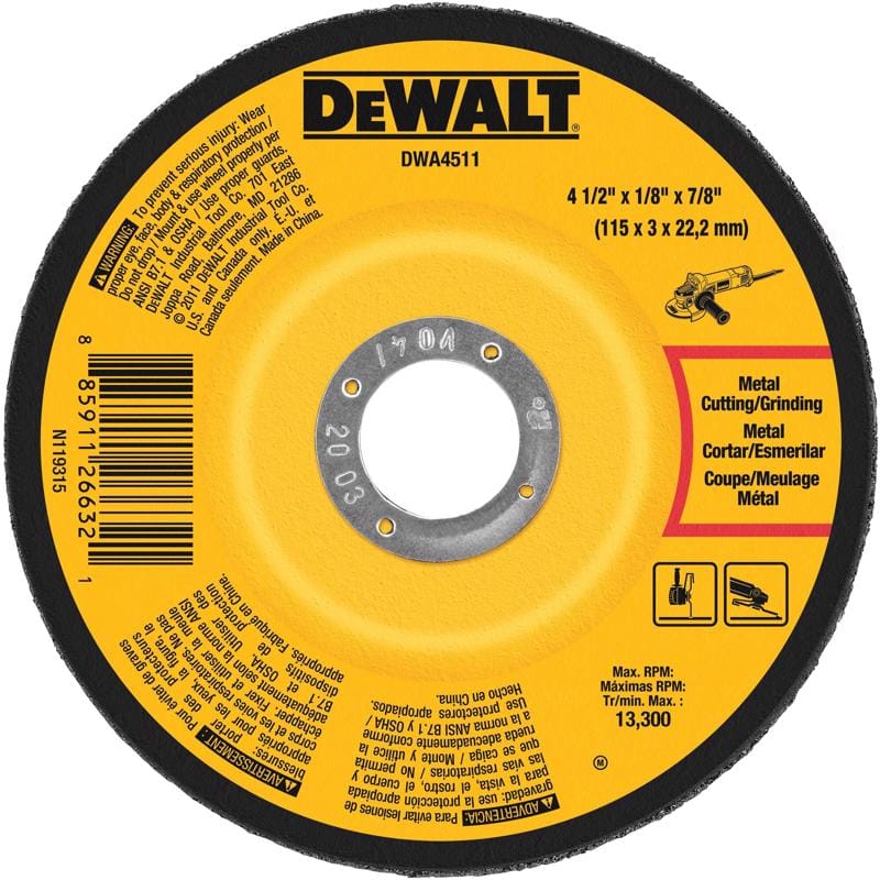 Dewalt DWA4511 4-1/2 in. D X 7/8 in. X 1/8 in. thick Aluminum Oxide Cutting/Grinding Wheel 1 pc