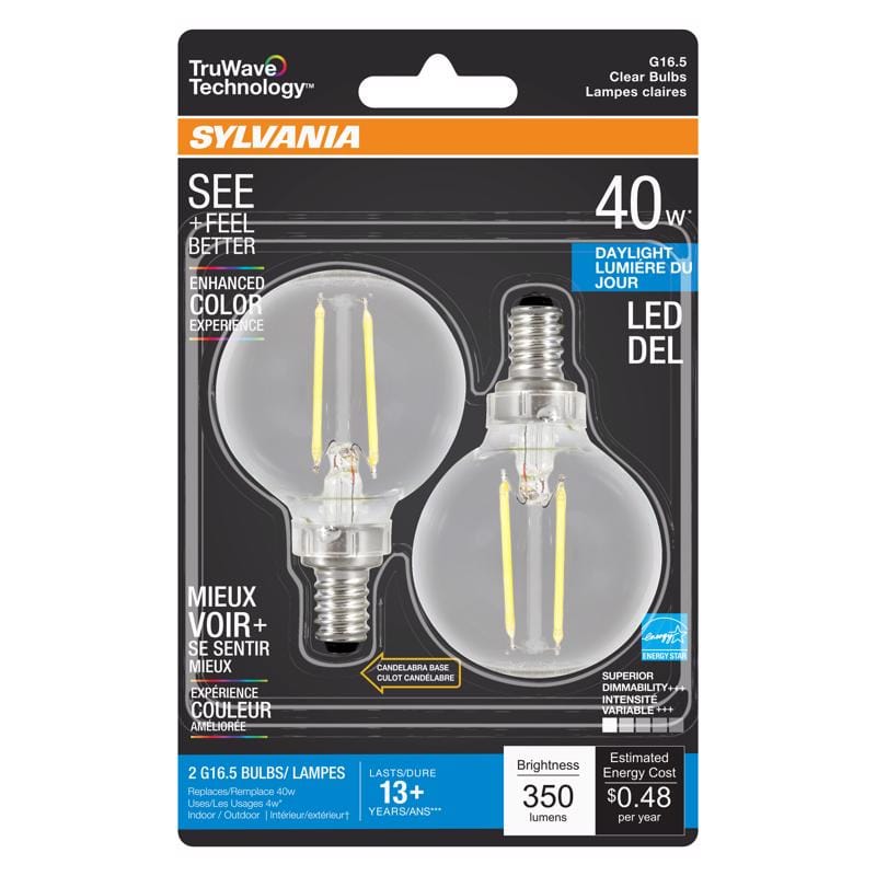 Sylvania 40849 Truwave G16.5 E12 (Candelabra) LED Bulb Daylight 40 Watt Equivalence 2 pk