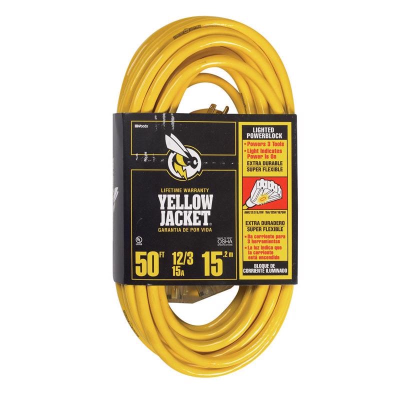 Yellow Jacket 2827 Indoor or Outdoor 50 ft. L Yellow Triple Outlet Cord 12/3 SJTW