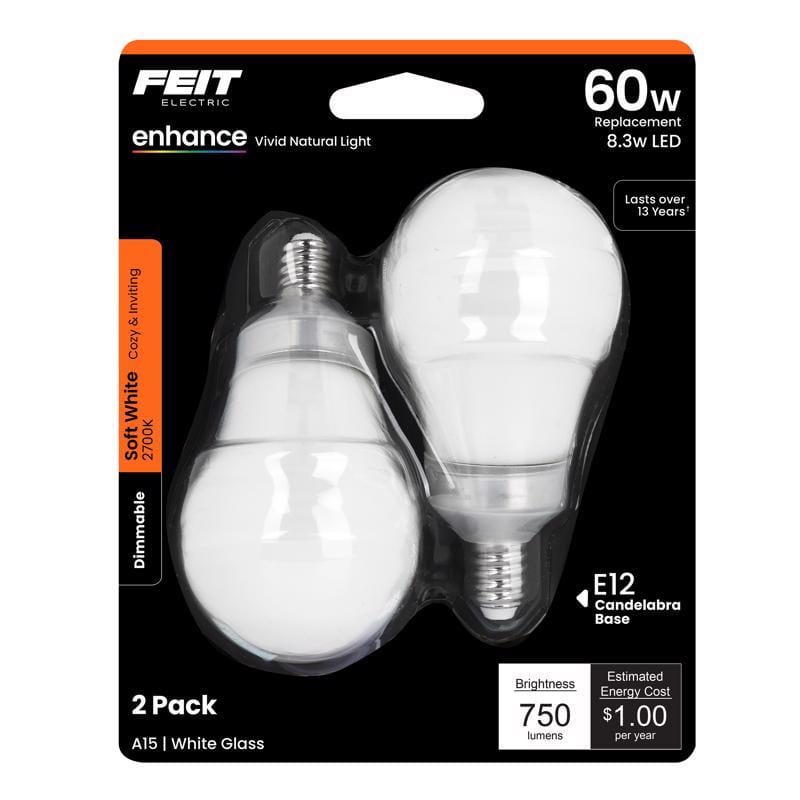 Feit BPA1560C927CA2 Enhance A15 E12 (Candelabra) LED Bulb Soft White 60 Watt Equivalence 2 pk