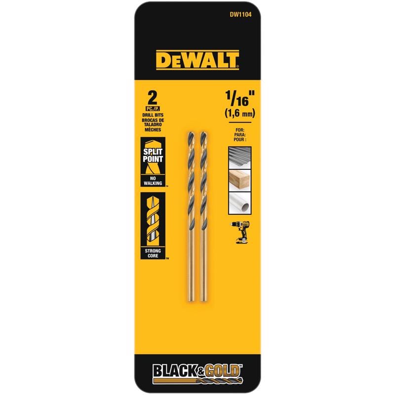 Dewalt DW1104 Black & Gold 1/16 in. X 1.88 in. L High Speed Steel Drill Bit Straight Shank 2 pc
