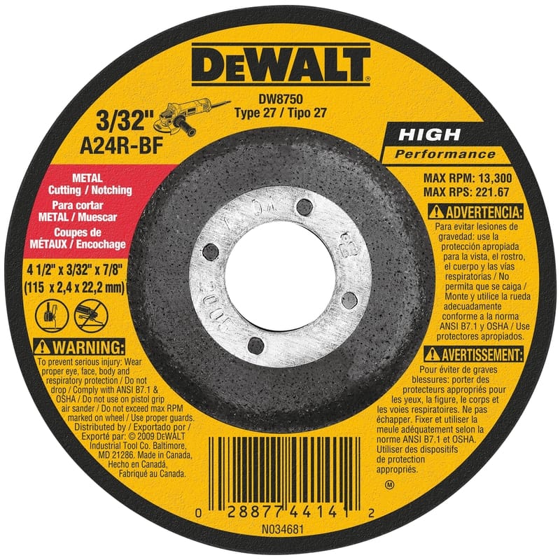 Dewalt DW8750 4-1/2 in. D X 7/8 in. X 3/32 in. thick Aluminum Oxide Metal Cut-Off Wheel 1 pc