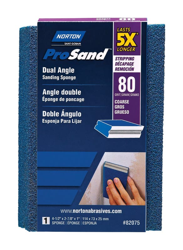Norton 07660782075 ProSand 4.5 in. L X 2.88 in. W X 1 in. 80 Grit Coarse Dual Angle Sanding Sponge