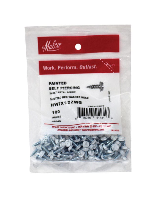 Malco HW7X1/2ZWG No 7 Sizes X 1/2 in. L Slotted Hex Washer Head Sheet Metal Screws 100 pk