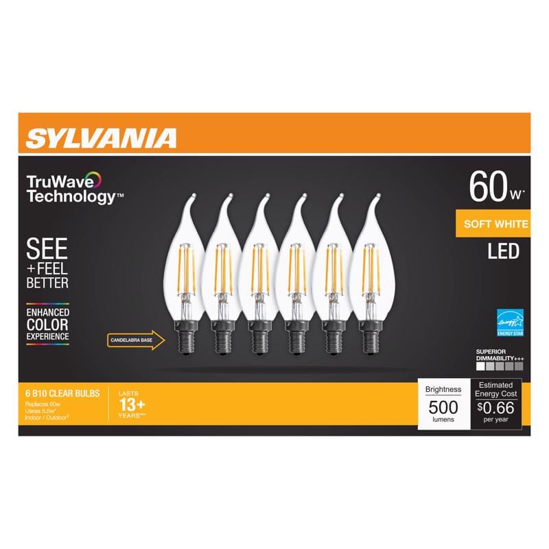 Sylvania 40773 Truwave B10 E11 LED Bulb Soft White 60 Watt Equivalence 6 pk