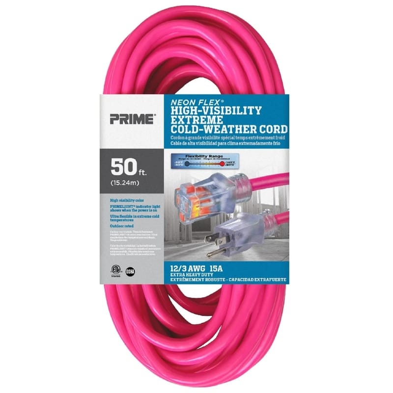 Prime NS513830 Neon Flex Outdoor 50 ft. L Hi Vis Pink Extension Cord 12/3 SJTW