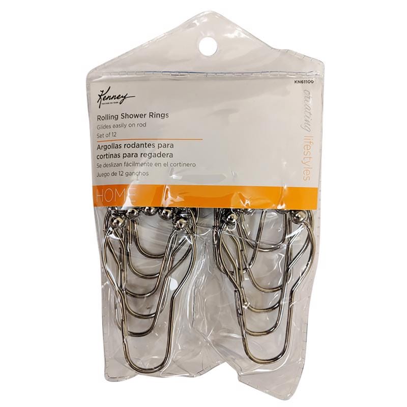 Kenney KN61100V2 Chrome Silver Metal Shower Curtain Rings 12 pk