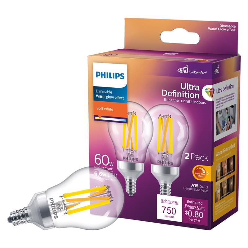 Philips 573394 Ultra Definition A15 E12 (Candelabra) LED Bulb Soft White 60 Watt Equivalence 2 pk