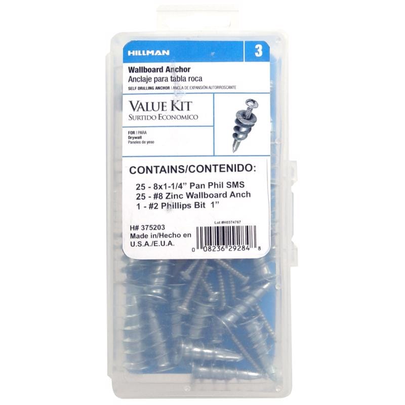 Hillman 375203 .164 in. D X 1.08 in. L Zinc Pan Head Wallboard Anchor Kit 51 pc