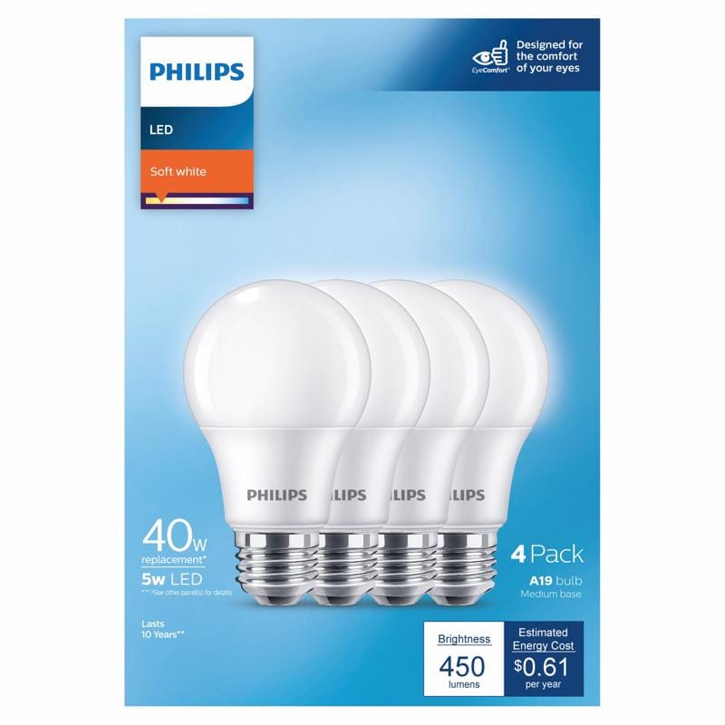 Philips 575829 A19 E26 (Medium) LED Bulb Soft White 40 Watt Equivalence 4 pk