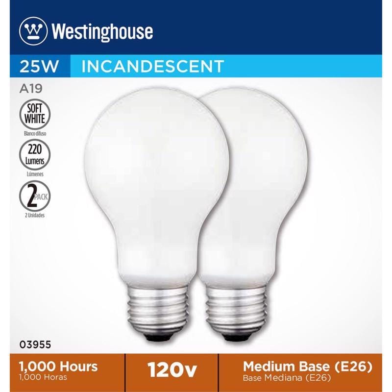 Westinghouse 0395548 25 W A19 A-Line Incandescent Bulb E26 (Medium) Soft White 2 pk