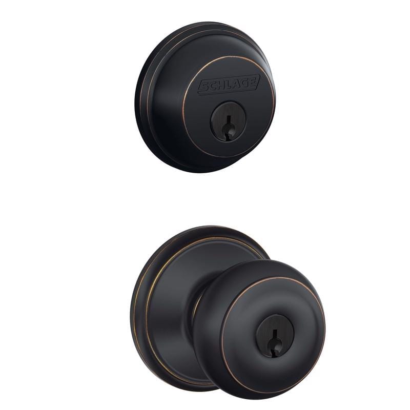 Schlage FB50NVGEO716 Georgian Aged Bronze Deadbolt and Entry Door Knob 1-3/4 in.
