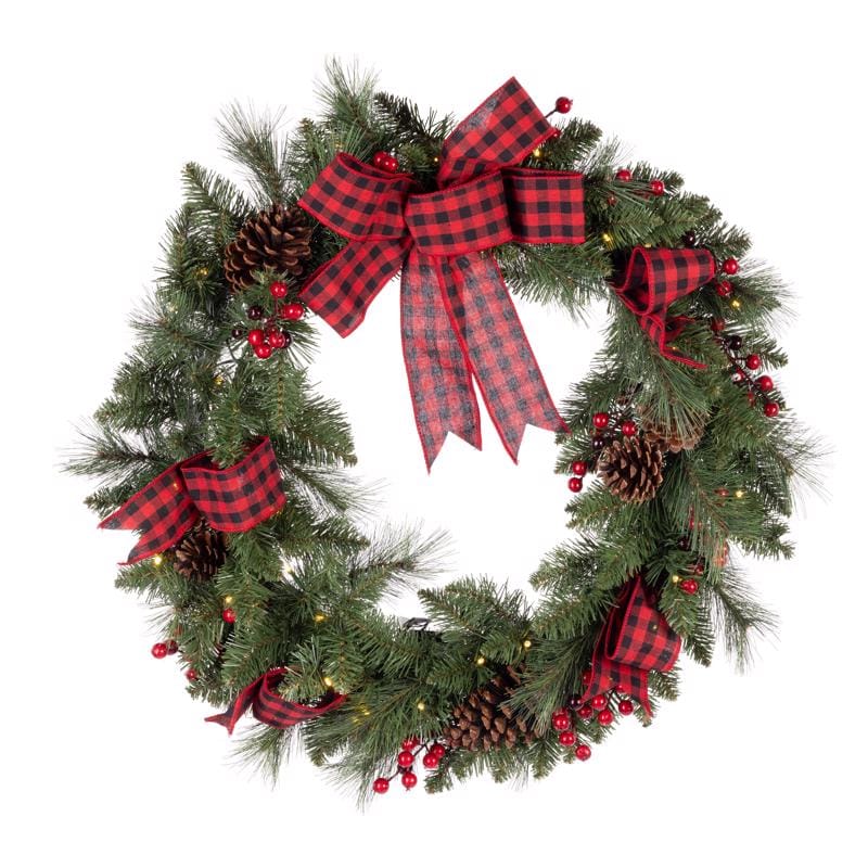 Celebrations 09-02172A 30 in. D LED Warm White Plaid Bow Wreath