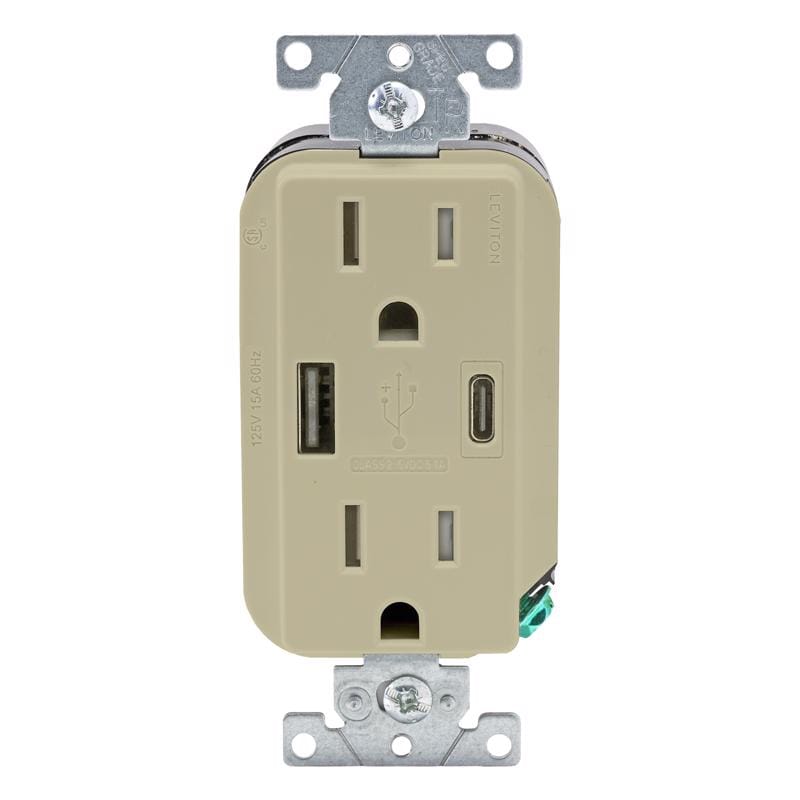 Leviton AC1X3-00I Decora 15 amps 125 V Type A/C Duplex Ivory Outlet and USB Charger 5-15R 1 pk