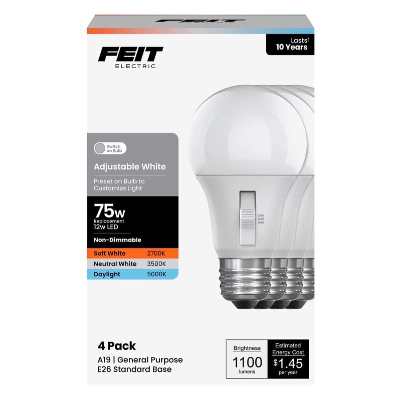 Feit Electric OM753CCTCA10K/4 Feit A19 E26 (Medium) LED Bulb Adjustable White 75 Watt Equivalence 4 pk