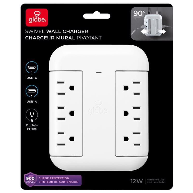 Globe Electric 30000580 0 ft. L 6 outlets Wall Tap Surge Protector w/USB White