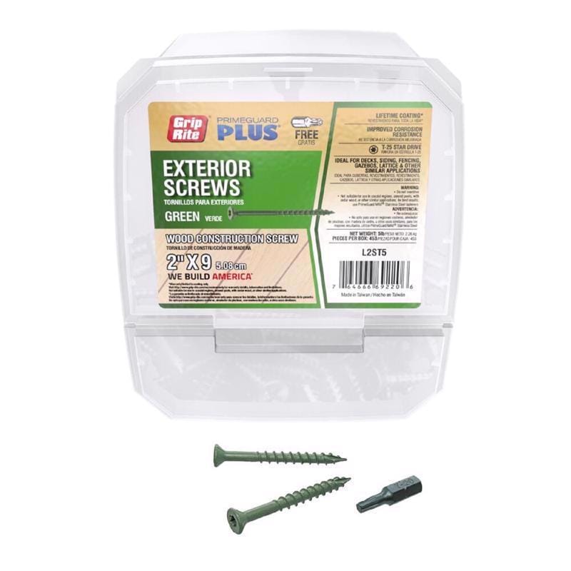 Grip-Rite L2ST5 PrimeGuard Plus No. 9 wire X 2 in. L Green Star Bugle Head Deck Screws 5 lb 453 pc