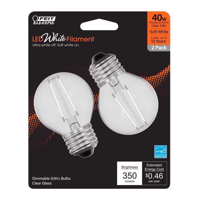 Feit BPGM40927WFIL2 White G16.5 E26 (Medium) Filament LED Bulb Soft White 40 Watt Equivalence 2 pk