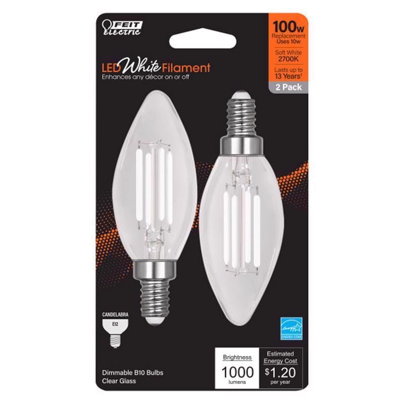 Feit BPCTC100927WFL2 White B10 E12 (Candelabra) Filament LED Bulb Soft White 100 Watt Equivalence 2 pk