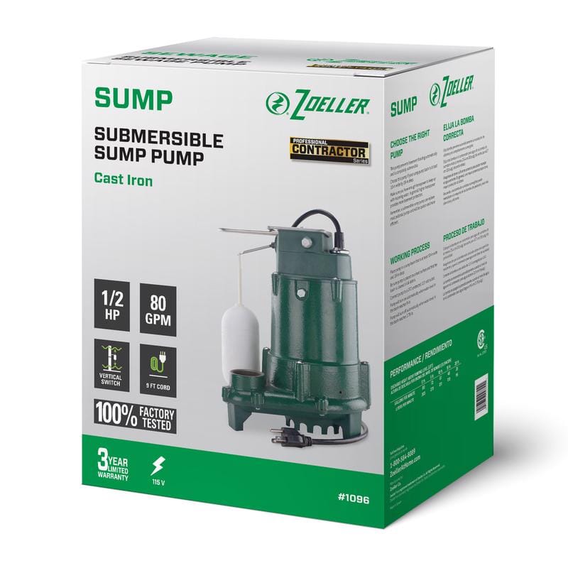 Zoeller 1096-0001 1/2 HP 4800 gph Cast Iron Vertical Float Switch AC Submersible Sump Pump