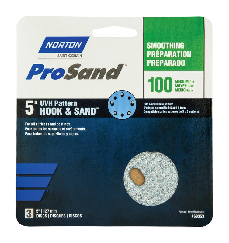 Norton 07660768353 ProSand 5 in. Ceramic Alumina Hook and Loop Sanding Disc 100 Grit Medium 3 pk