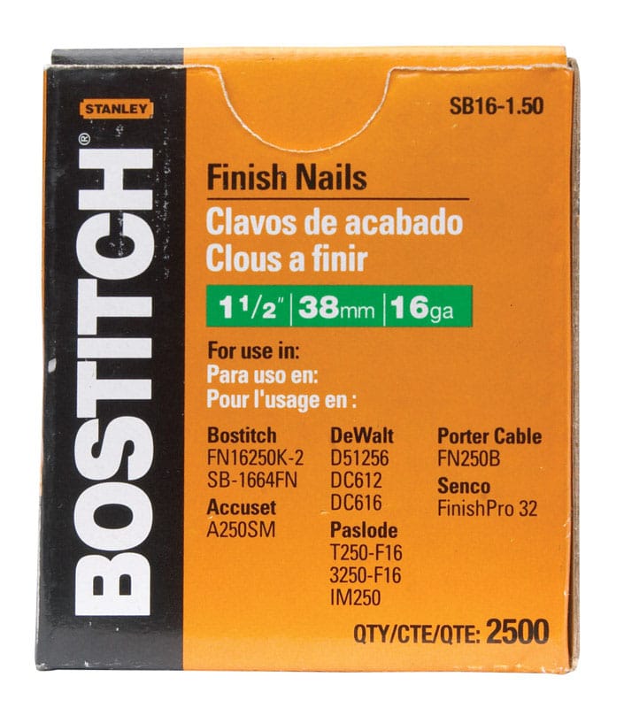 Bostitch SB16-1.50 1-1/2 in. L X 16 Ga. Straight Strip Coated Finish Nails 2500 pk
