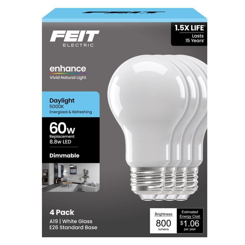 Feit A1960950CAFIL4 Enhance A19 E26 (Medium) LED Bulb Daylight 60 Watt Equivalence 4 pk